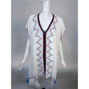 Embroidered White Cover-Up Tunic By Chach Beach L With Blue & Red Tassel Accents